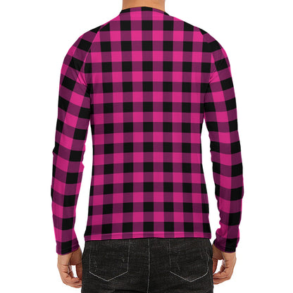 Hot Pink And Black Buffalo Check Print Men's Long Sleeve Rash Guard