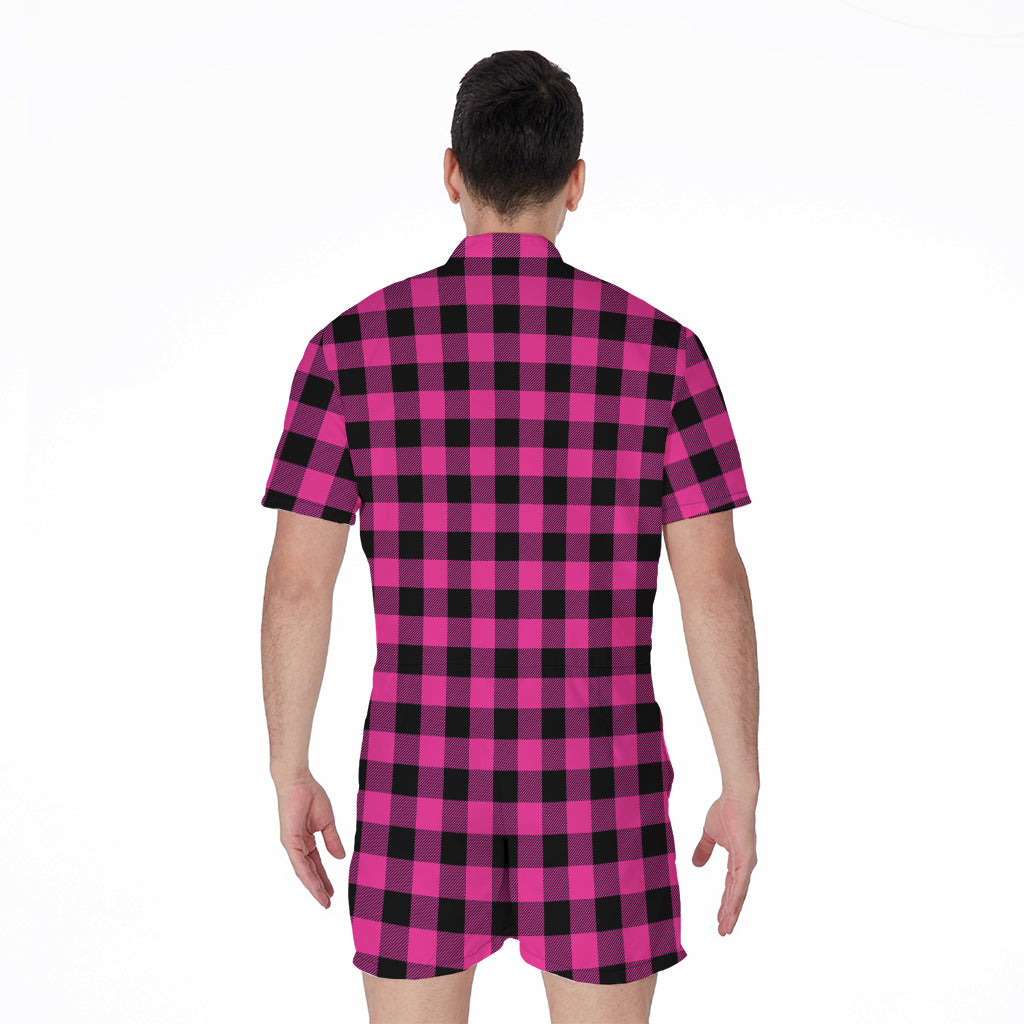 Hot Pink And Black Buffalo Check Print Men's Rompers