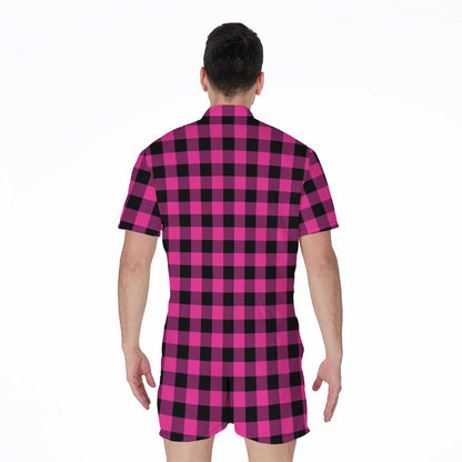 Hot Pink And Black Buffalo Check Print Men's Rompers