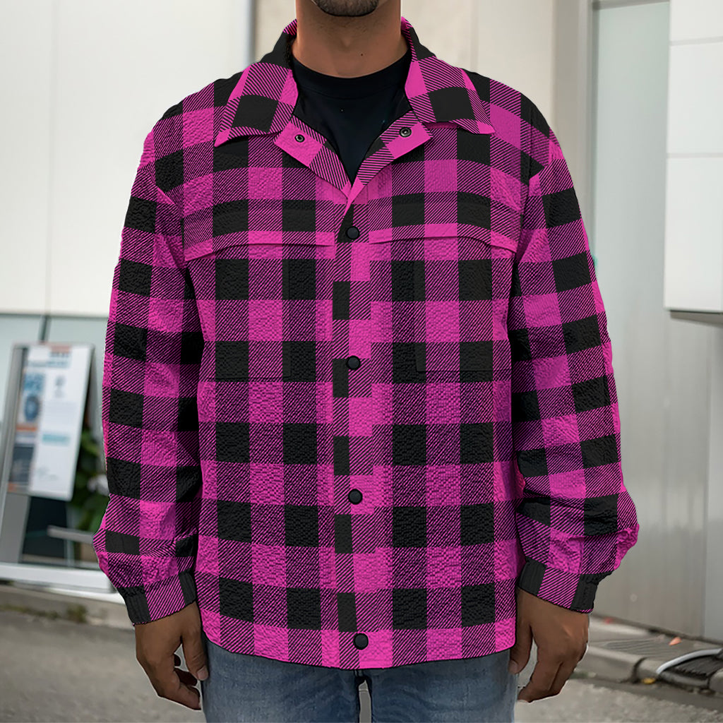 Hot Pink And Black Buffalo Check Print Men's Shirt Jacket