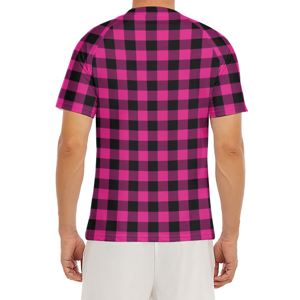 Hot Pink And Black Buffalo Check Print Men's Short Sleeve Rash Guard