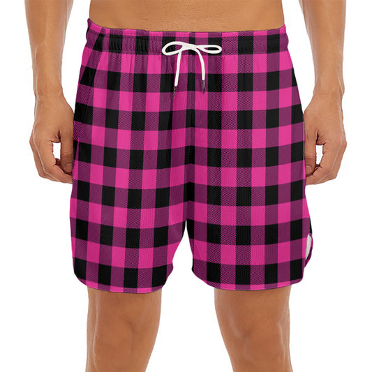 Hot Pink And Black Buffalo Check Print Men's Split Running Shorts