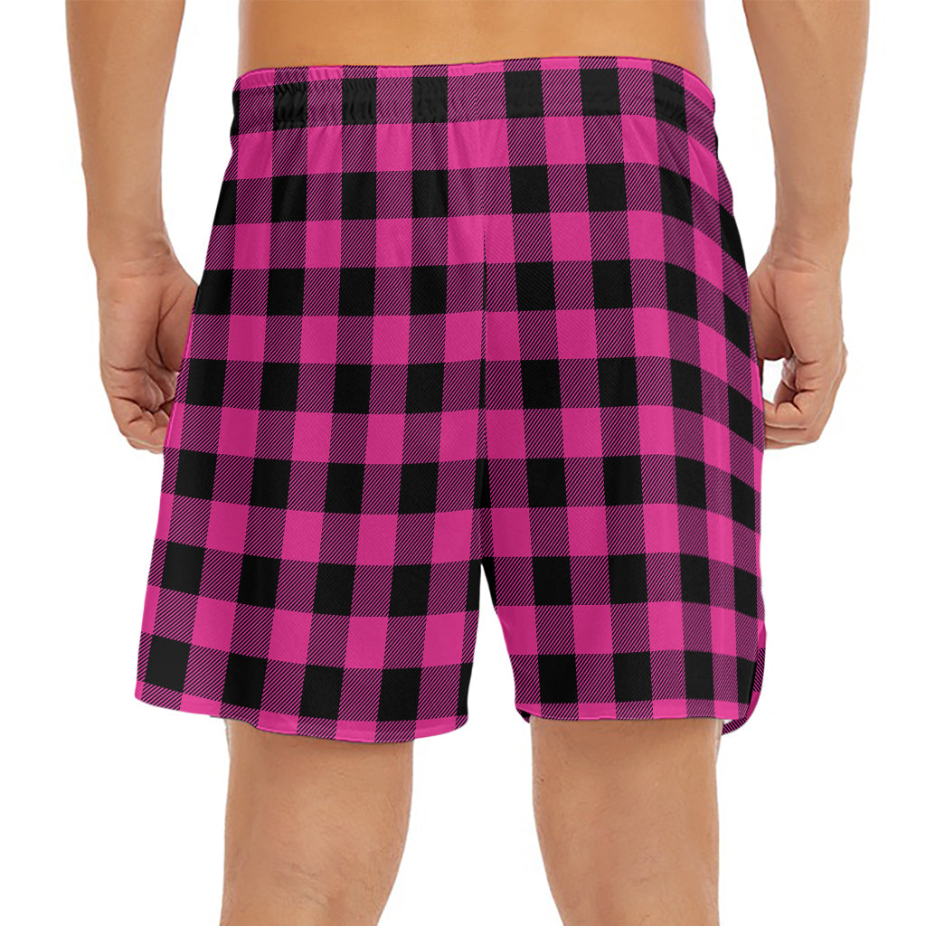 Hot Pink And Black Buffalo Check Print Men's Split Running Shorts