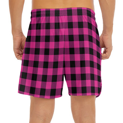 Hot Pink And Black Buffalo Check Print Men's Split Running Shorts