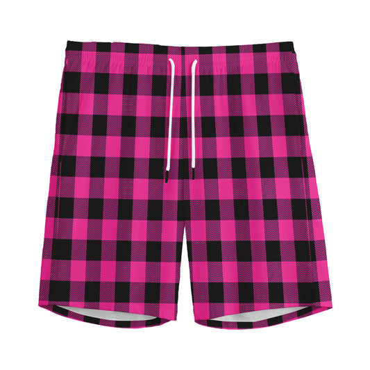 Hot Pink And Black Buffalo Check Print Men's Sports Shorts