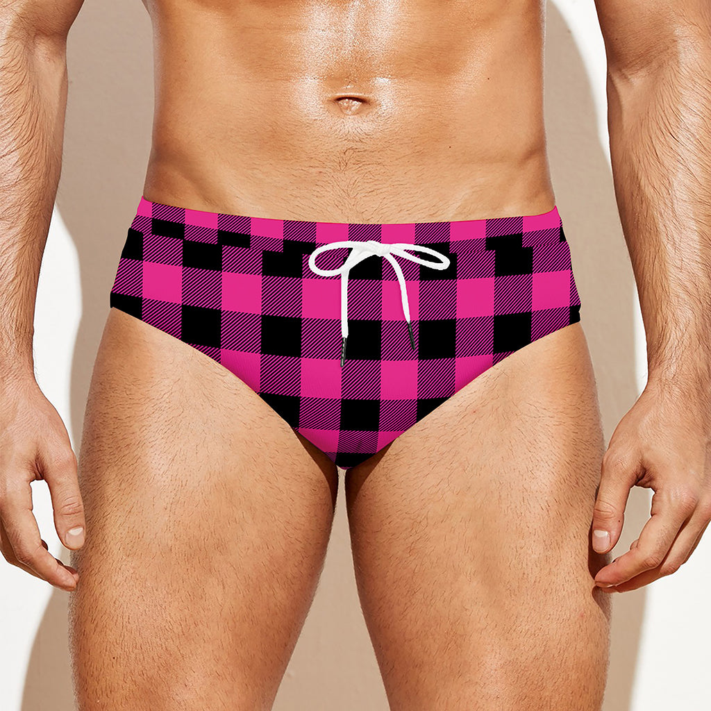 Hot Pink And Black Buffalo Check Print Men's Swim Briefs