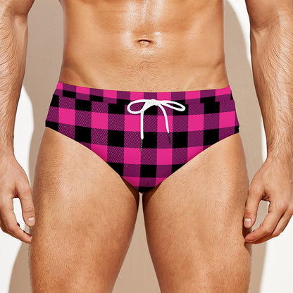 Hot Pink And Black Buffalo Check Print Men's Swim Briefs