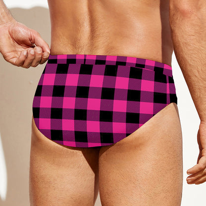 Hot Pink And Black Buffalo Check Print Men's Swim Briefs
