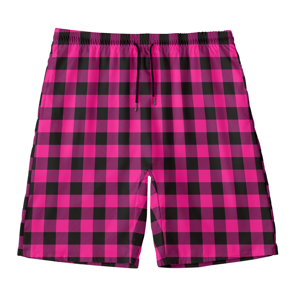 Hot Pink And Black Buffalo Check Print Men's Swim Trunks