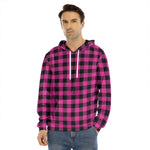 Hot Pink And Black Buffalo Check Print Men's Velvet Pullover Hoodie
