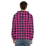 Hot Pink And Black Buffalo Check Print Men's Velvet Pullover Hoodie