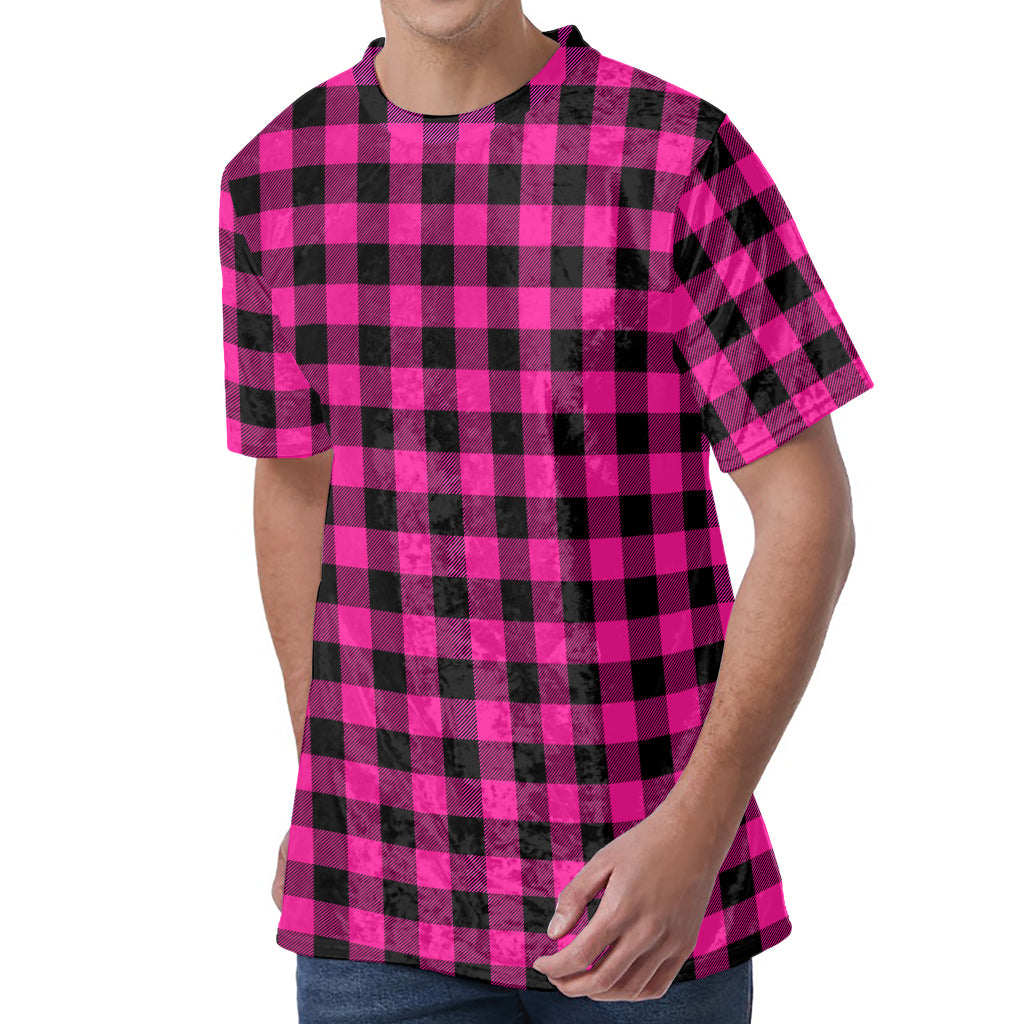 Hot Pink And Black Buffalo Check Print Men's Velvet T-Shirt