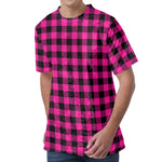 Hot Pink And Black Buffalo Check Print Men's Velvet T-Shirt