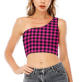 Hot Pink And Black Buffalo Check Print One Shoulder Crop Top