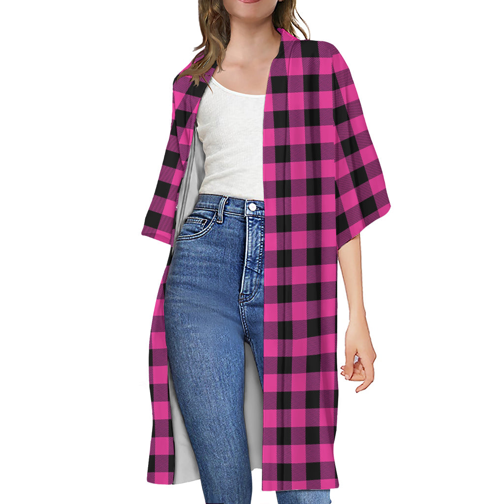 Hot Pink And Black Buffalo Check Print Open Front Beach Cover Up