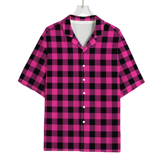 Hot Pink And Black Buffalo Check Print Rayon Hawaiian Shirt