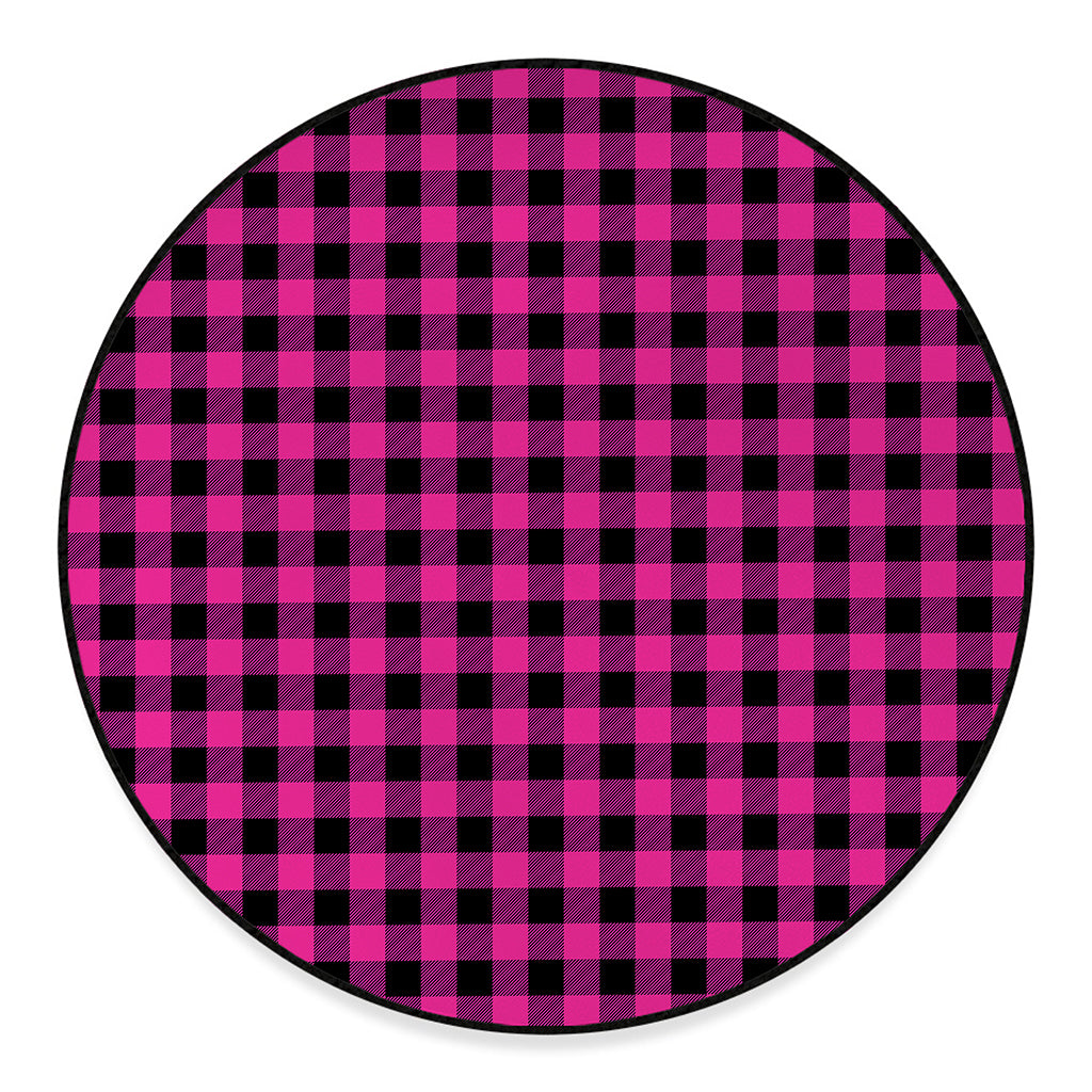 Hot Pink And Black Buffalo Check Print Round Floor Mat
