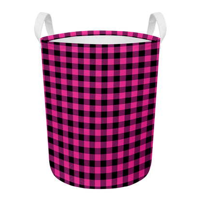 Hot Pink And Black Buffalo Check Print Round Laundry Basket