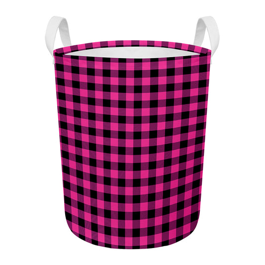 Hot Pink And Black Buffalo Check Print Round Laundry Basket