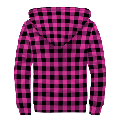 Hot Pink And Black Buffalo Check Print Sherpa Lined Zip Up Hoodie