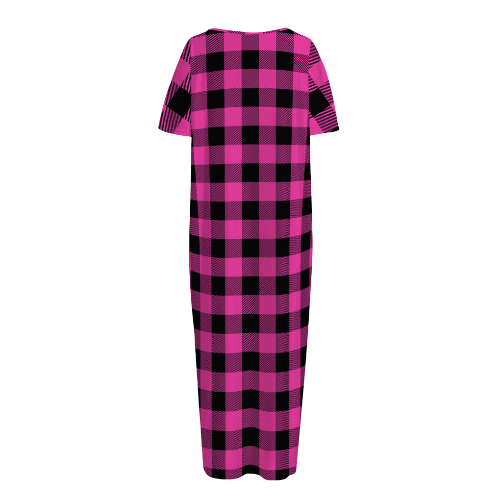 Hot Pink And Black Buffalo Check Print Short Sleeve Long Nightdress