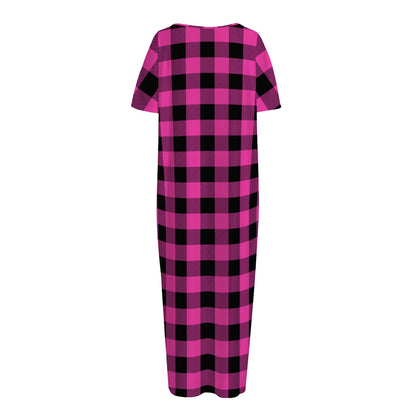 Hot Pink And Black Buffalo Check Print Short Sleeve Long Nightdress