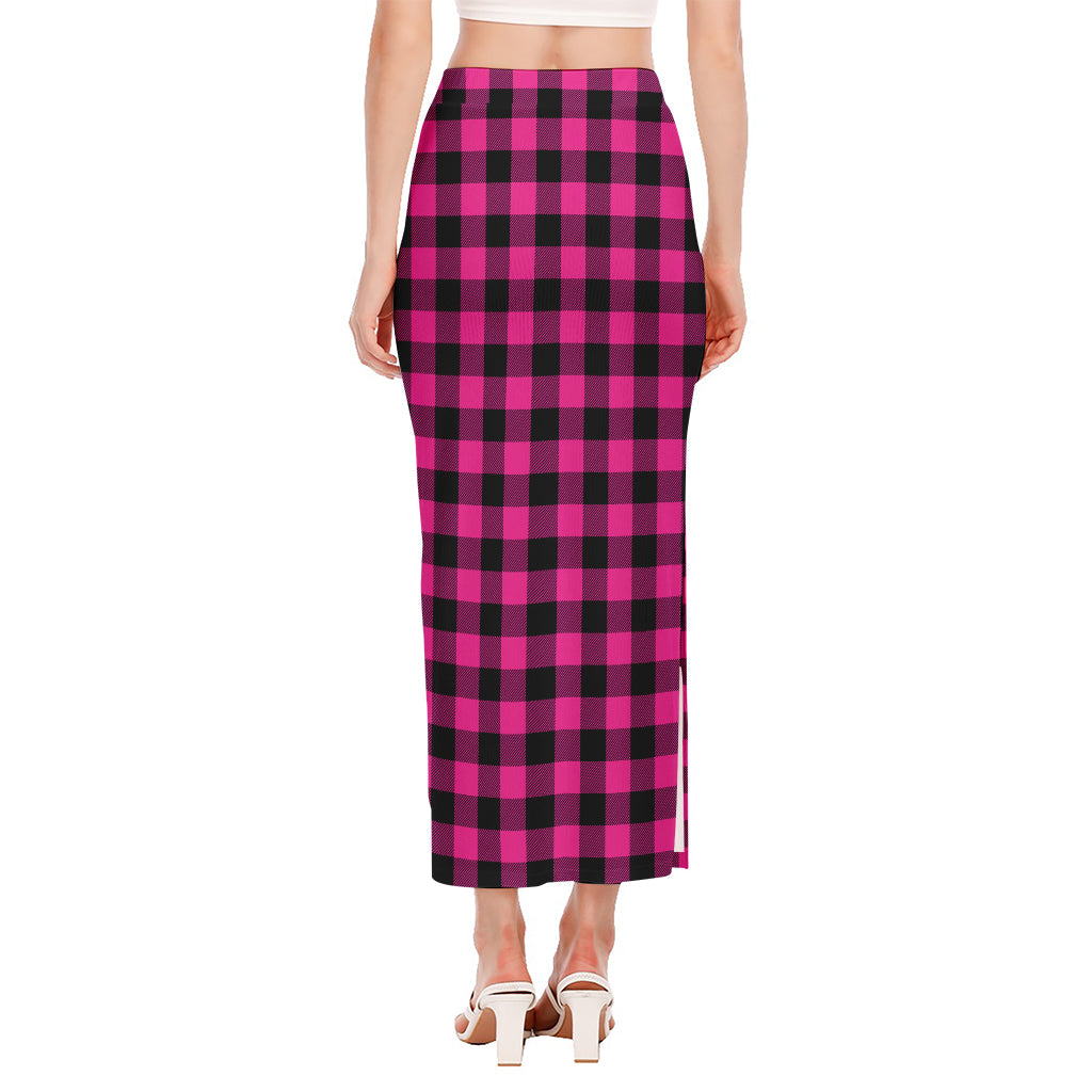 Hot Pink And Black Buffalo Check Print Side Slit Maxi Skirt