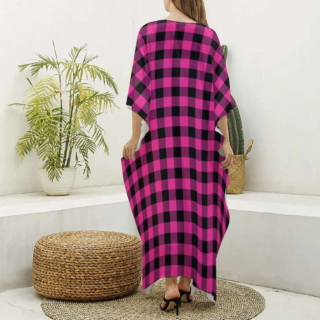 Hot Pink And Black Buffalo Check Print Silk V-Neck Kaftan Dress
