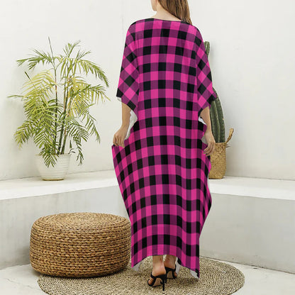 Hot Pink And Black Buffalo Check Print Silk V-Neck Kaftan Dress