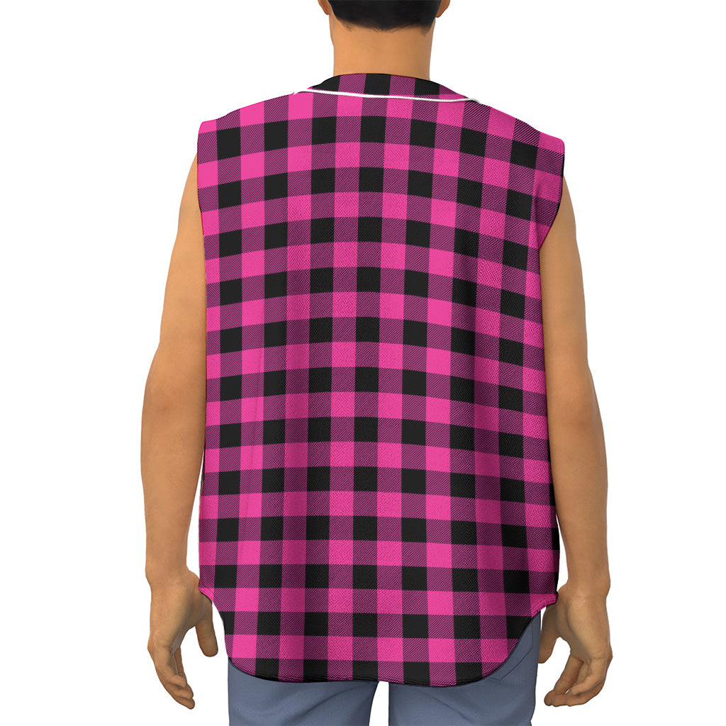 Hot Pink And Black Buffalo Check Print Sleeveless Baseball Jersey