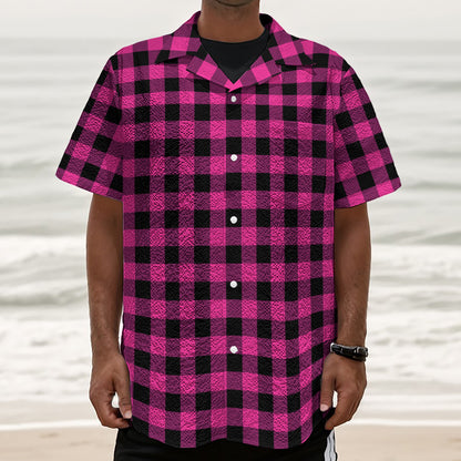 Hot Pink And Black Buffalo Check Print Textured Short Sleeve Shirt