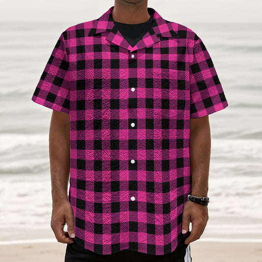 Hot Pink And Black Buffalo Check Print Textured Short Sleeve Shirt