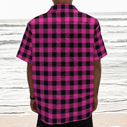 Hot Pink And Black Buffalo Check Print Textured Short Sleeve Shirt