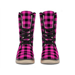 Hot Pink And Black Buffalo Check Print Winter Boots