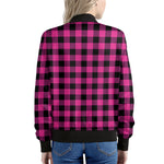 Hot Pink And Black Buffalo Check Print Women's Bomber Jacket