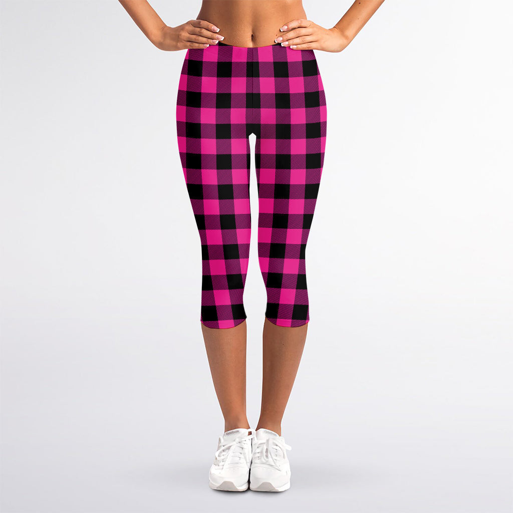 Hot Pink And Black Buffalo Check Print Women's Capri Leggings