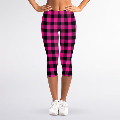Hot Pink And Black Buffalo Check Print Women's Capri Leggings