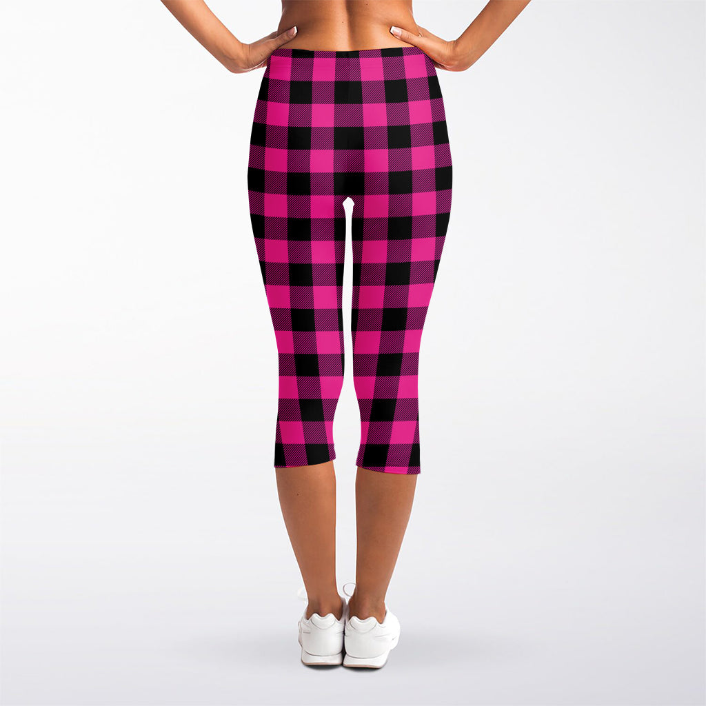 Hot Pink And Black Buffalo Check Print Women's Capri Leggings