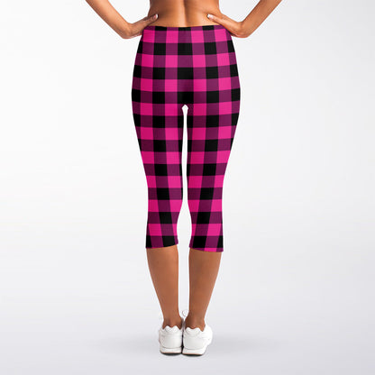 Hot Pink And Black Buffalo Check Print Women's Capri Leggings