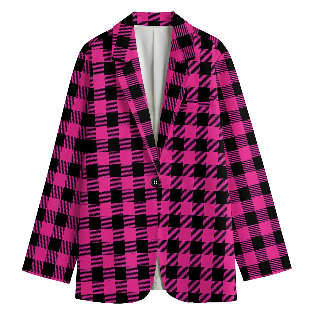 Hot Pink And Black Buffalo Check Print Women's Cotton Blazer