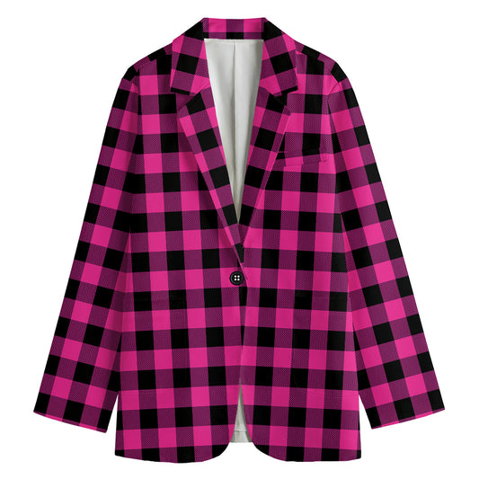 Hot Pink And Black Buffalo Check Print Women's Cotton Blazer