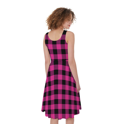 Hot Pink And Black Buffalo Check Print Women's Sleeveless Dress