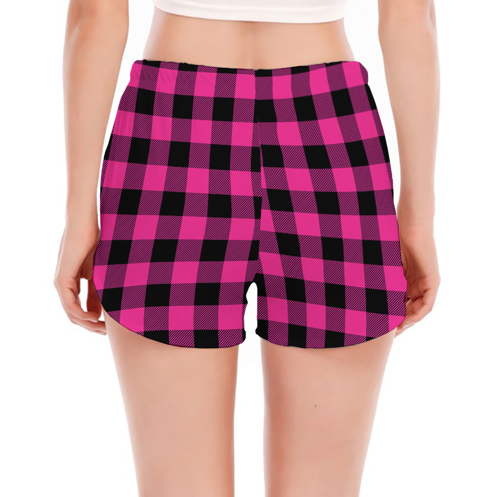 Hot Pink And Black Buffalo Check Print Women's Split Running Shorts