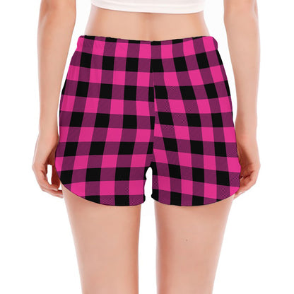 Hot Pink And Black Buffalo Check Print Women's Split Running Shorts