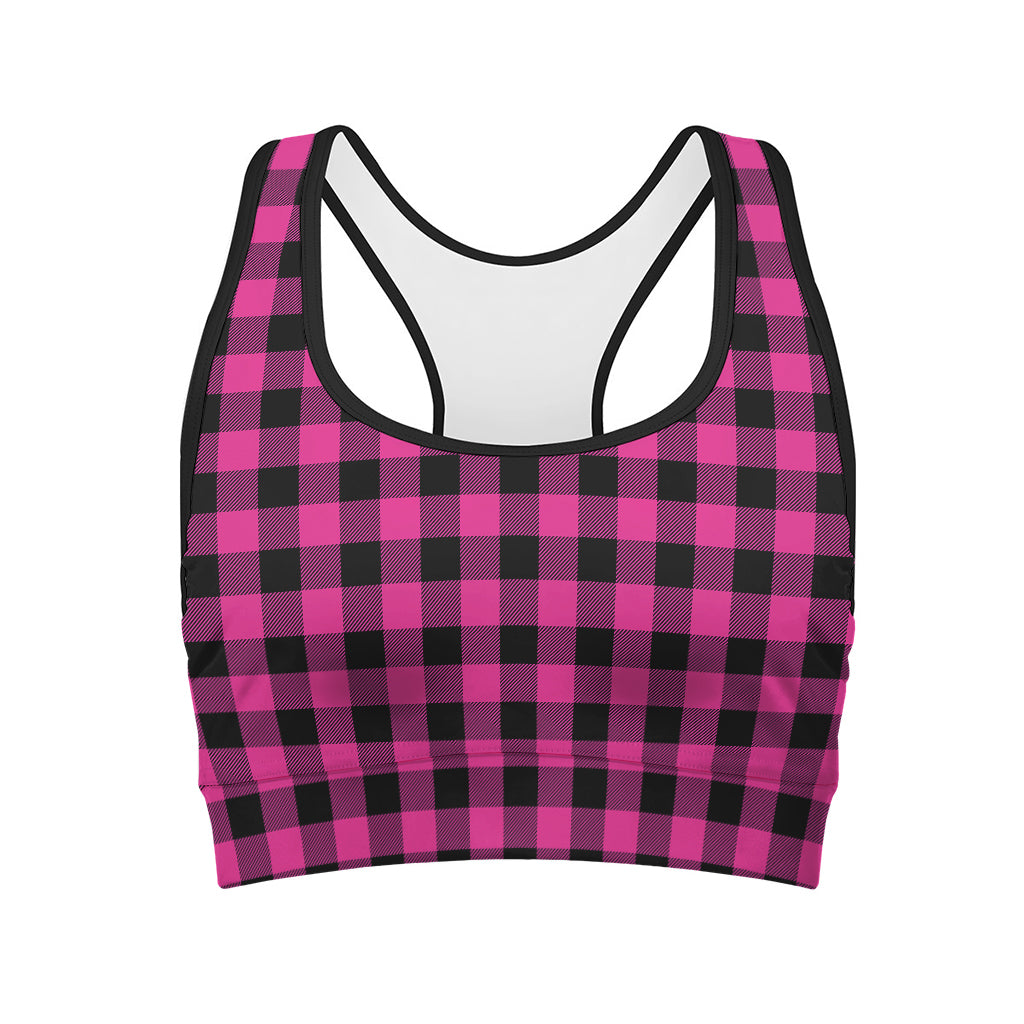 Hot Pink And Black Buffalo Check Print Women's Sports Bra