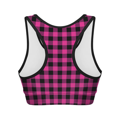 Hot Pink And Black Buffalo Check Print Women's Sports Bra
