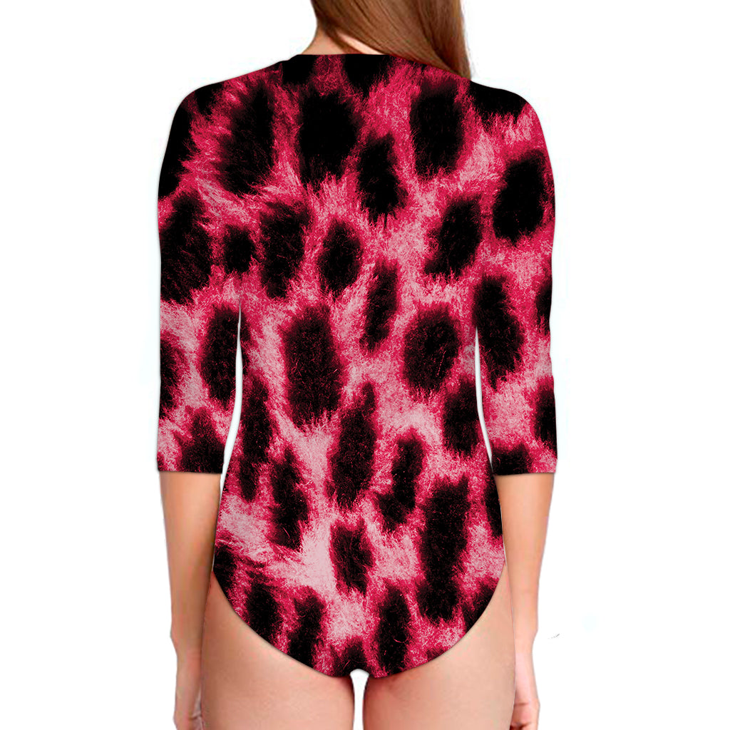 Hot Pink And Black Cheetah Print Long Sleeve Swimsuit