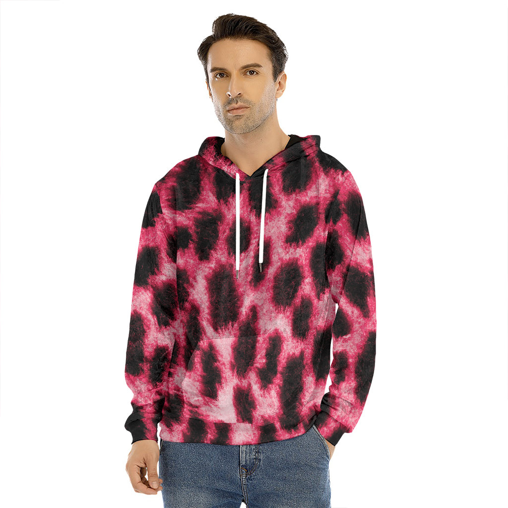 Hot Pink And Black Cheetah Print Men's Velvet Pullover Hoodie