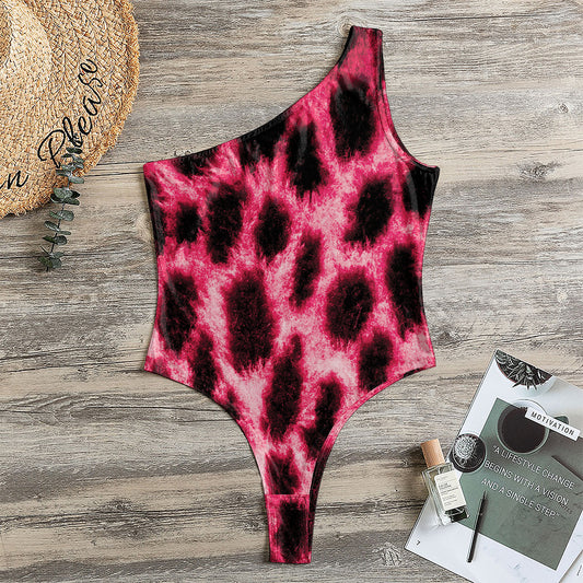 Hot Pink And Black Cheetah Print One Shoulder Bodysuit