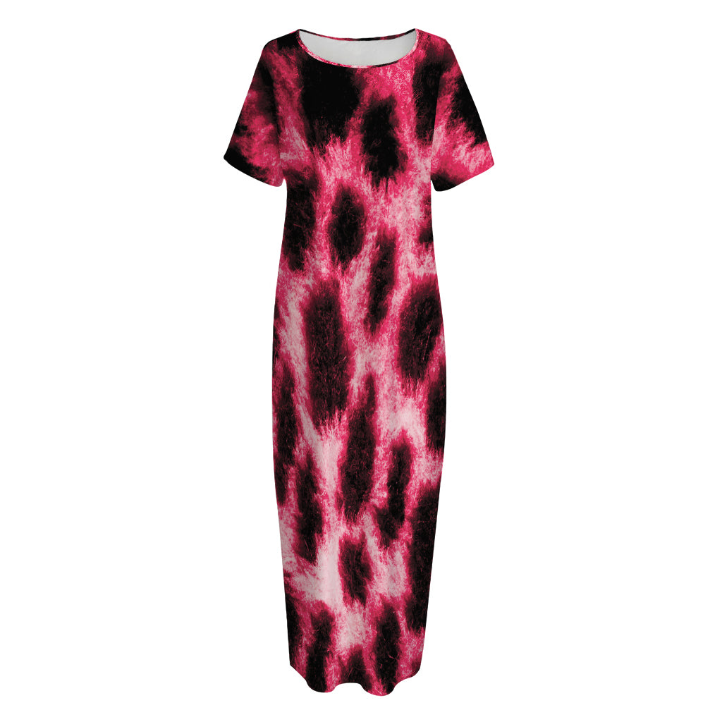 Hot Pink And Black Cheetah Print Short Sleeve Long Nightdress